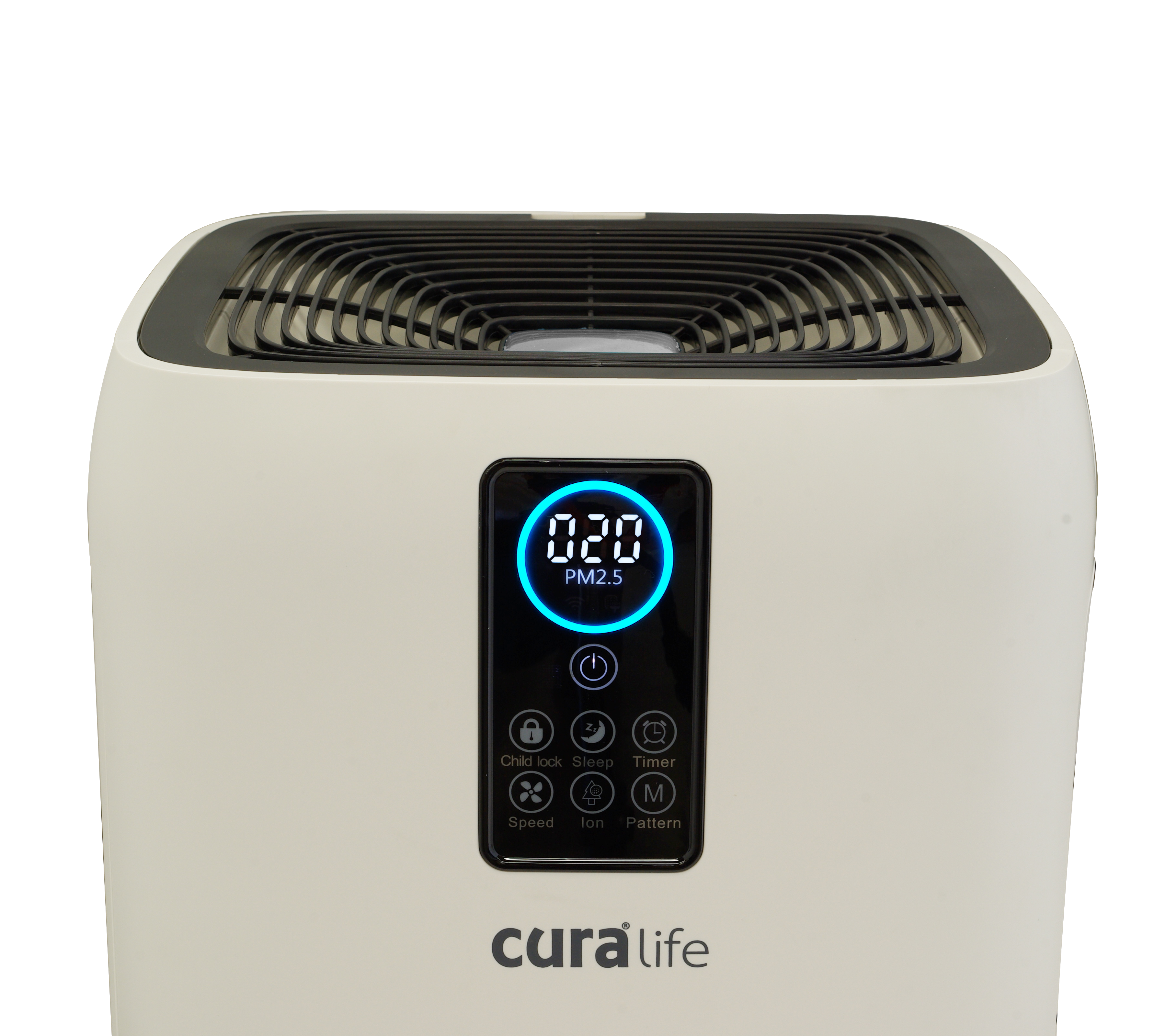 ปุ่มควบคุม และหน้าปัดไฟบอกสถานะการทำงานของเครื่องฟอกอากาศ CURA LIFE รุ่น M4