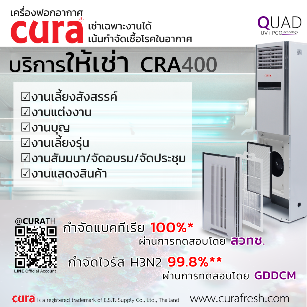 โปรโมชั้นเครื่องเช่าเครื่องฟอกอากาศ CURA รุ่น CRA-400 ฟอกอากาศ กำจัดเชื้อจุลินทรีย์ เชื้อโรค แบคทีเรีย ไวรัส เชื้อราช่วยแก้ปัญหากลิ่นเหม็นอับ ช่วยกำจัดสารเคมีตกค้าง ประสิทธิภาพการกำจัดเชื้อโรคสูง ด้วยหลอด UVC กำจัดแบคทีเรียได้ 100% กำจัดไวรัส H3N2 ได้ 99.8% เหมาะสำหรับ งานเลี้ยง งานบุญ งานแต่ง สัมมนา จัดอบรม ประชุม งานแสดงสินค้า